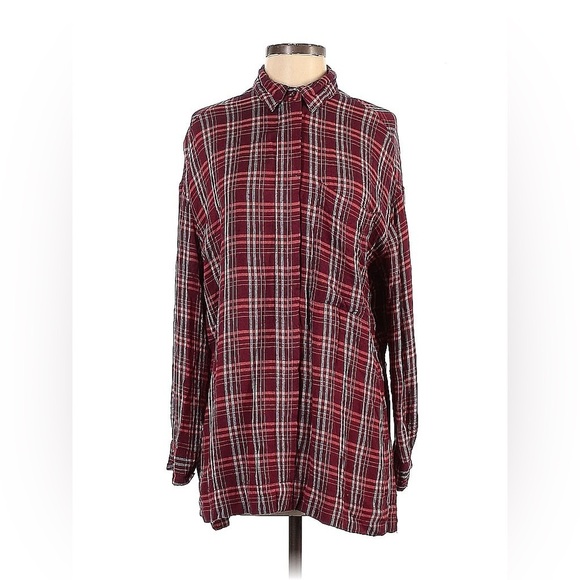 BDG burgundy plaid high-low hem button-up shirt tunic - Picture 1 of 2